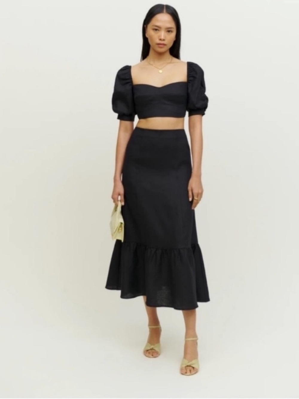Reformation Sunnie Skirt Black Midi Ruffle Hem Organic Cotton